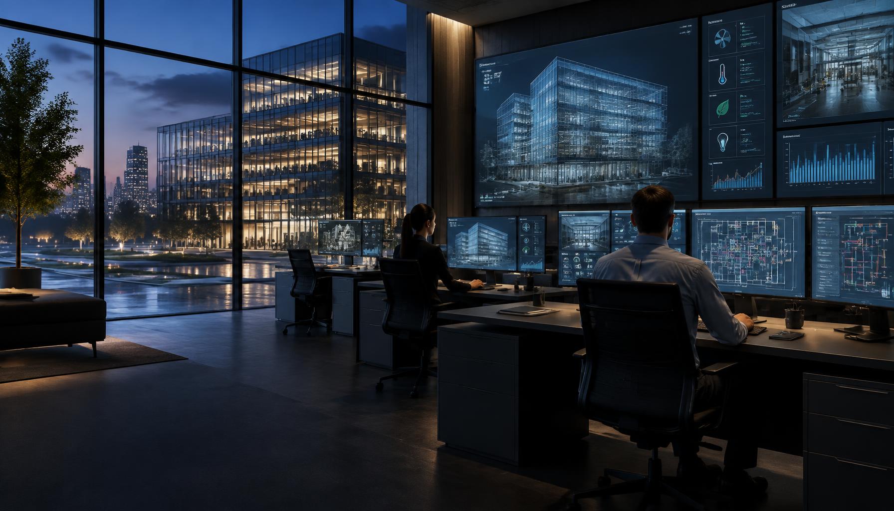 Professional building management control room monitoring a modern commercial building