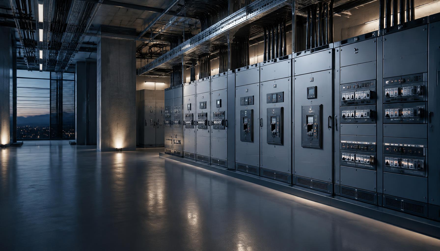Modern industrial electrical distribution panels and cable infrastructure