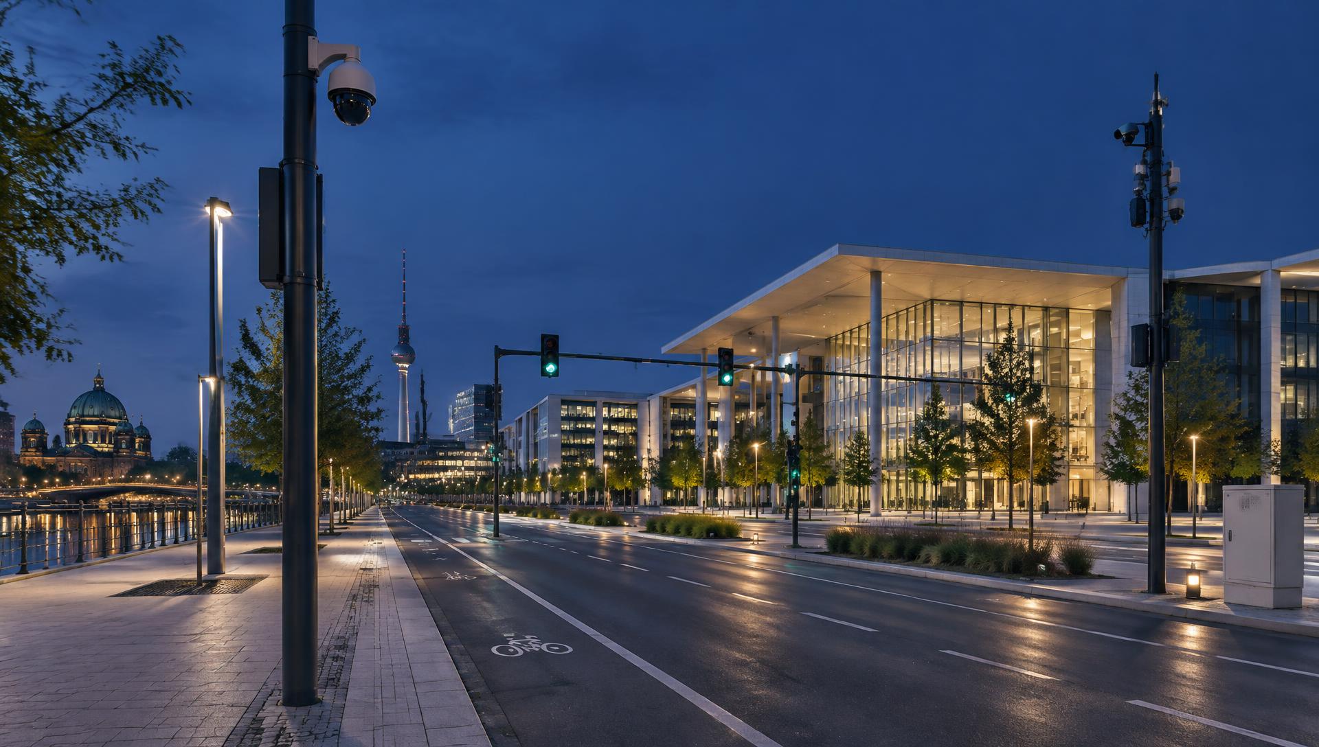 Illuminated urban infrastructure with surveillance, traffic and network systems at dusk